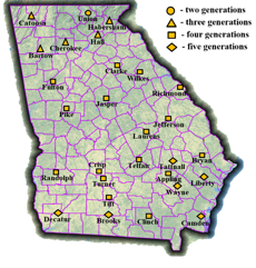 A map of the state of Georgia showing the number of NPTM generations in each county.